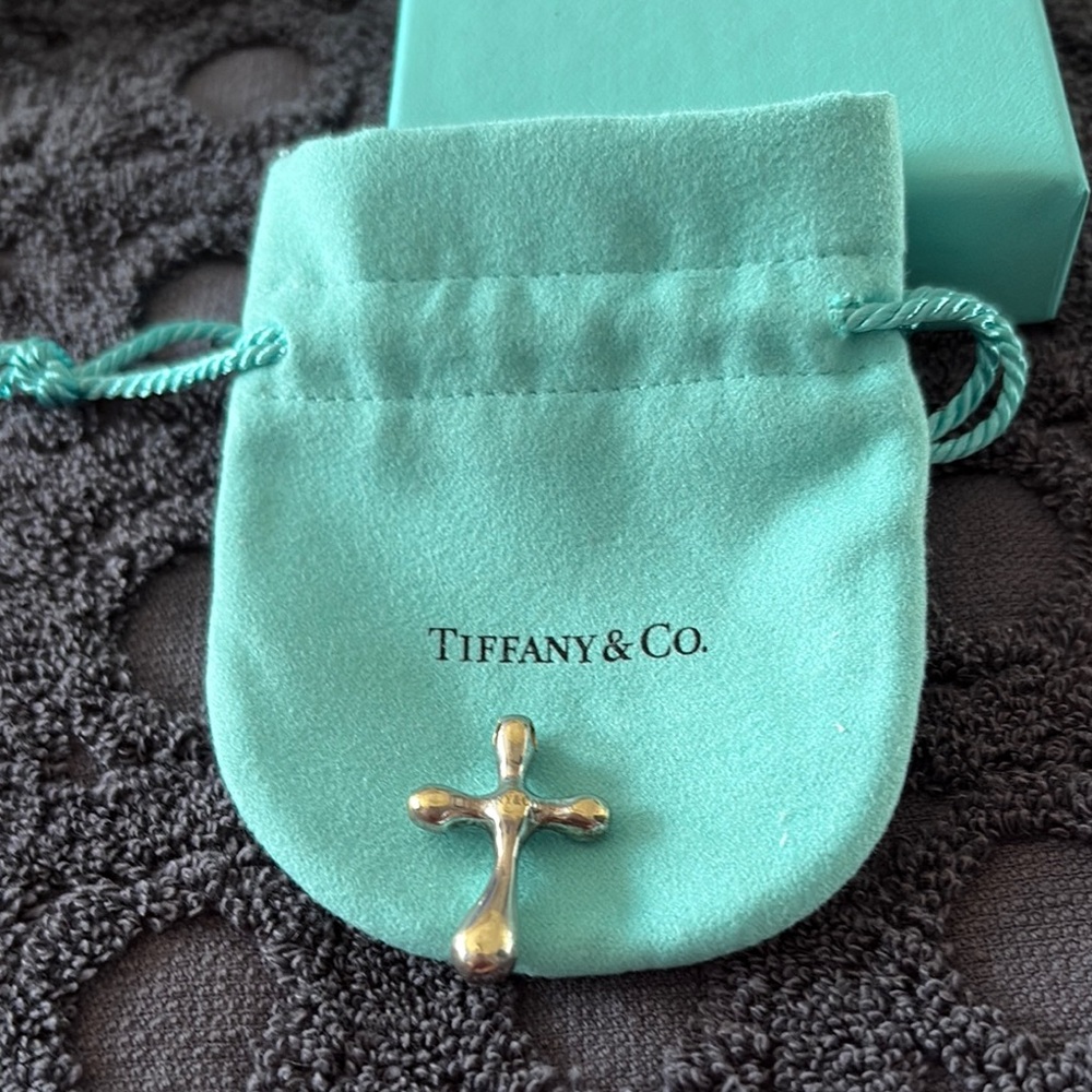Tiffany & Co. Gold Cross Charm with Teal Pouch